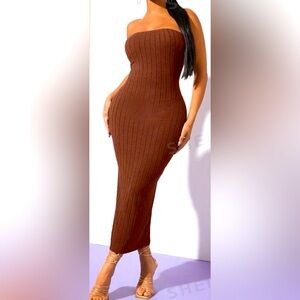 Brown strapless, maxi dress